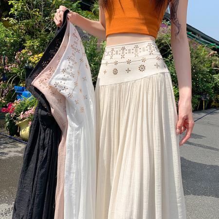 BY18475# 重工烫钻半身裙夏季女小众垂感高腰A字裙度假民族风裙子长裙 服裝批發女裝批發服飾貨源