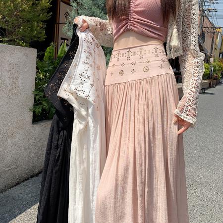 BY18475# 重工烫钻半身裙夏季女小众垂感高腰A字裙度假民族风裙子长裙 服裝批發女裝批發服飾貨源