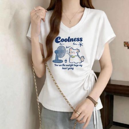 BY18477# 别致系带褶皱收腰短袖T恤夏季新款侧开叉修身显瘦v领上衣 服裝批發女裝批發服飾貨源