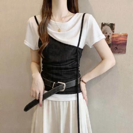 BY18478# 胖MM高级感气质荡领假两件短袖夏季新款修身显瘦正肩上衣 服裝批發女裝批發服飾貨源