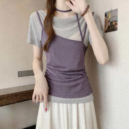 BY18478# 胖MM高级感气质荡领假两件短袖夏季新款修身显瘦正肩上衣 服裝批發女裝批發服飾貨源