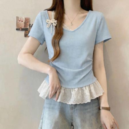 BY18479# 胖mm巨好看蕾丝拼接V领短袖T恤女夏季设计感独特漂亮减龄上衣 服裝批發女裝批發服飾貨源