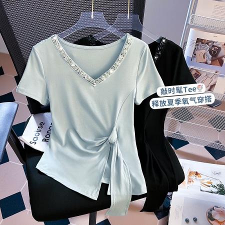 BY18480# 重工拼接v领短袖t恤女夏韩系修身不规则收腰显瘦辣妹上衣 服裝批發女裝批發服飾貨源