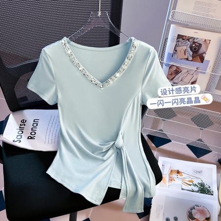 BY18480# 重工拼接v领短袖t恤女夏韩系修身不规则收腰显瘦辣妹上衣 服裝批發女裝批發服飾貨源