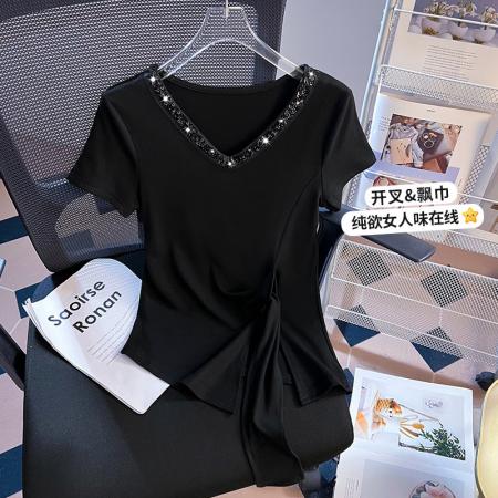 BY18480# 重工拼接v领短袖t恤女夏韩系修身不规则收腰显瘦辣妹上衣 服裝批發女裝批發服飾貨源