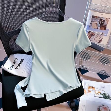 BY18480# 重工拼接v领短袖t恤女夏韩系修身不规则收腰显瘦辣妹上衣 服裝批發女裝批發服飾貨源