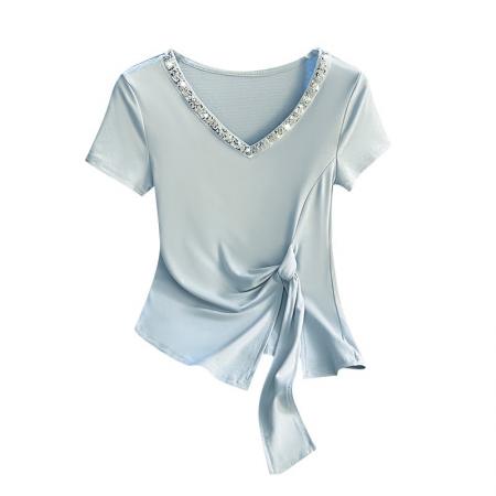 BY18480# 重工拼接v领短袖t恤女夏韩系修身不规则收腰显瘦辣妹上衣 服裝批發女裝批發服飾貨源