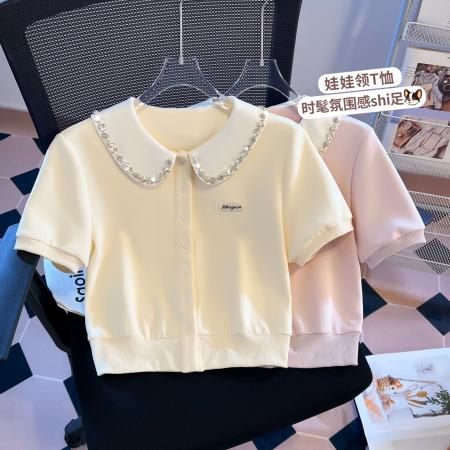 BY18481# 拼接娃娃领假两件polo领水钻短袖T恤女小个子短外套上衣 服裝批發女裝批發服飾貨源
