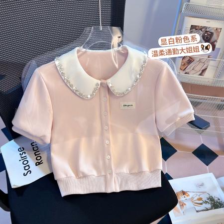 BY18481# 拼接娃娃领假两件polo领水钻短袖T恤女小个子短外套上衣 服裝批發女裝批發服飾貨源