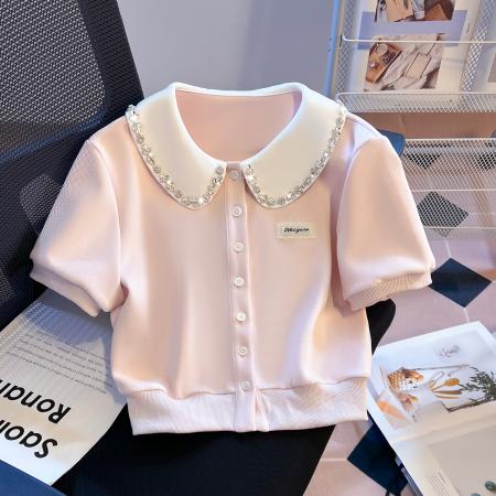BY18481# 拼接娃娃领假两件polo领水钻短袖T恤女小个子短外套上衣 服裝批發女裝批發服飾貨源