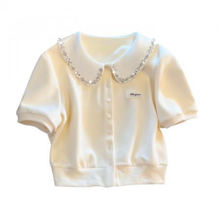 BY18481# 拼接娃娃领假两件polo领水钻短袖T恤女小个子短外套上衣 服裝批發女裝批發服飾貨源