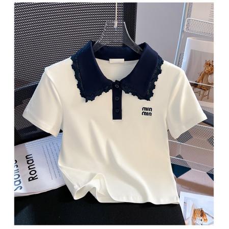 BY18482# 正肩撞色娃娃领短袖t恤女夏季新款修身翻领polo衫上衣 服裝批發女裝批發服飾貨源