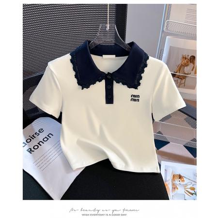 BY18482# 正肩撞色娃娃领短袖t恤女夏季新款修身翻领polo衫上衣 服裝批發女裝批發服飾貨源