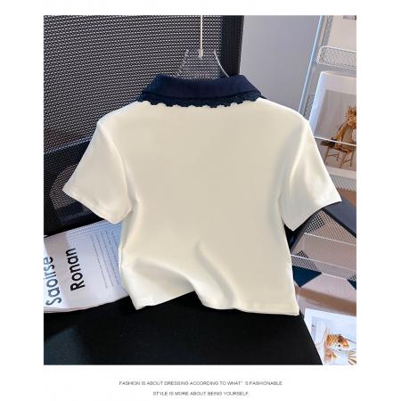 BY18482# 正肩撞色娃娃领短袖t恤女夏季新款修身翻领polo衫上衣 服裝批發女裝批發服飾貨源