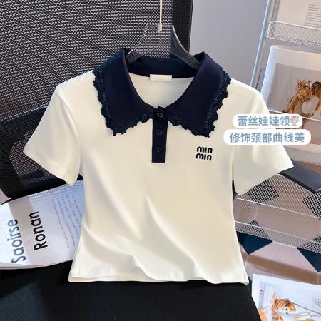 BY18482# 正肩撞色娃娃领短袖t恤女夏季新款修身翻领polo衫上衣 服裝批發女裝批發服飾貨源