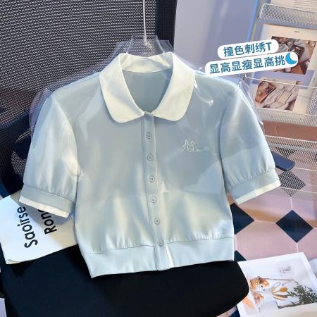 BY18483# 娃娃领撞色假两件上衣夏季新款百搭设计感女小众气质上衣 服裝批發女裝批發服飾貨源