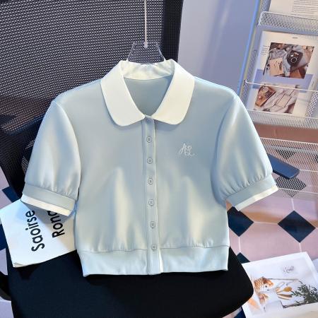 BY18483# 娃娃领撞色假两件上衣夏季新款百搭设计感女小众气质上衣 服裝批發女裝批發服飾貨源