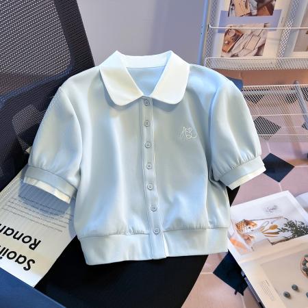 BY18483# 娃娃领撞色假两件上衣夏季新款百搭设计感女小众气质上衣 服裝批發女裝批發服飾貨源