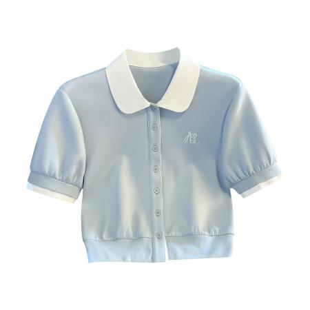 BY18483# 娃娃领撞色假两件上衣夏季新款百搭设计感女小众气质上衣 服裝批發女裝批發服飾貨源