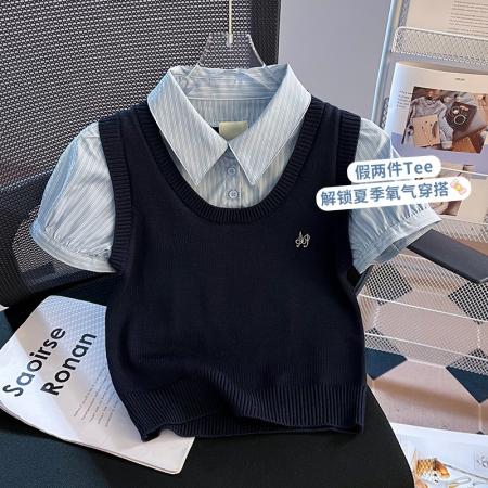 BY18484# 小众设计感学院风高腰短款假两件拼接短袖衬衫女上衣 服裝批發女裝批發服飾貨源