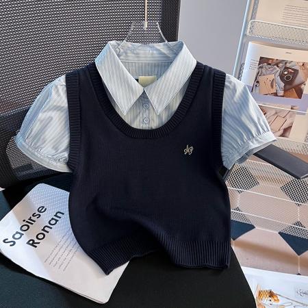 BY18484# 小众设计感学院风高腰短款假两件拼接短袖衬衫女上衣 服裝批發女裝批發服飾貨源