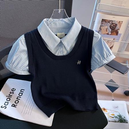 BY18484# 小众设计感学院风高腰短款假两件拼接短袖衬衫女上衣 服裝批發女裝批發服飾貨源