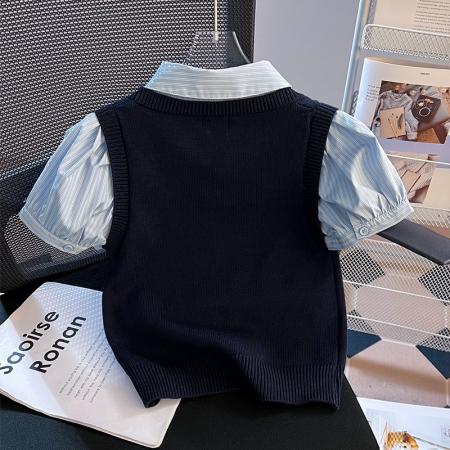 BY18484# 小众设计感学院风高腰短款假两件拼接短袖衬衫女上衣 服裝批發女裝批發服飾貨源