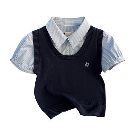 BY18484# 小众设计感学院风高腰短款假两件拼接短袖衬衫女上衣 服裝批發女裝批發服飾貨源