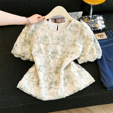BY18485# 法式轻奢立体花朵亮片短袖上衣夏季新款韩版设计感蕾丝衫 服裝批發女裝批發服飾貨源