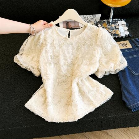 BY18485# 法式轻奢立体花朵亮片短袖上衣夏季新款韩版设计感蕾丝衫 服裝批發女裝批發服飾貨源