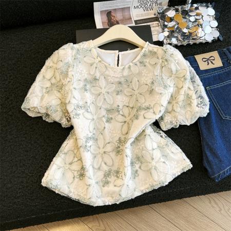 BY18485# 法式轻奢立体花朵亮片短袖上衣夏季新款韩版设计感蕾丝衫 服裝批發女裝批發服飾貨源