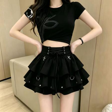 BY18487# y2k千禧辣妹黑色绑带蓬蓬蛋糕裙女新款设计感高腰半身短裙 服裝批發女裝批發服飾貨源