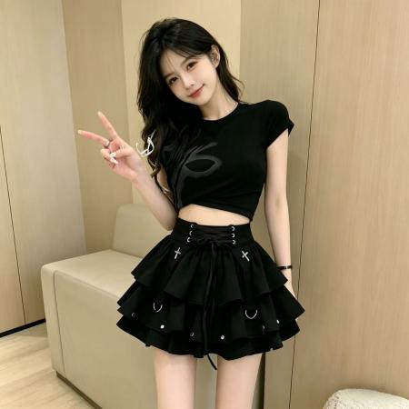 BY18487# y2k千禧辣妹黑色绑带蓬蓬蛋糕裙女新款设计感高腰半身短裙 服裝批發女裝批發服飾貨源