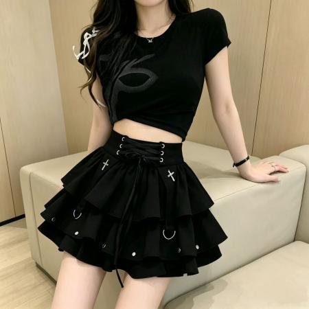 BY18487# y2k千禧辣妹黑色绑带蓬蓬蛋糕裙女新款设计感高腰半身短裙 服裝批發女裝批發服飾貨源