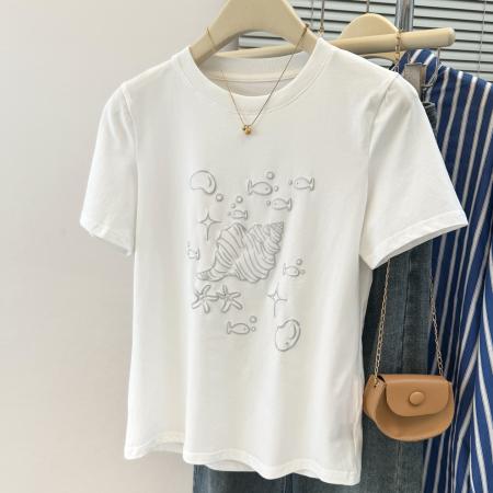 BY18490# 韩系白色卡通贝壳印花设计感正肩短袖T恤女夏季宽松慵懒上衣 服裝批發女裝批發服飾貨源