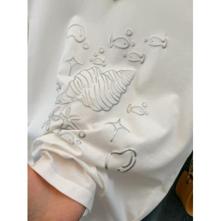 BY18490# 韩系白色卡通贝壳印花设计感正肩短袖T恤女夏季宽松慵懒上衣 服裝批發女裝批發服飾貨源