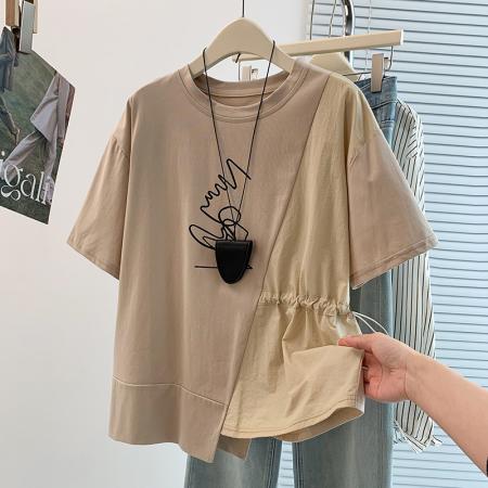 BY18492# 夏季新款韩版设计感撞色拼接收腰显瘦百搭减龄短袖T恤 服裝批發女裝批發服飾貨源