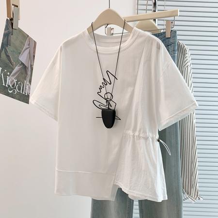 BY18492# 夏季新款韩版设计感撞色拼接收腰显瘦百搭减龄短袖T恤 服裝批發女裝批發服飾貨源