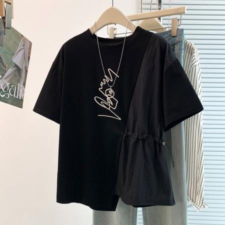 BY18492# 夏季新款韩版设计感撞色拼接收腰显瘦百搭减龄短袖T恤 服裝批發女裝批發服飾貨源