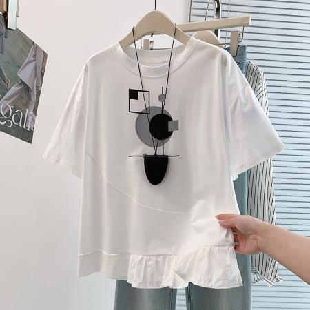 BY18493# 夏新款韩版设计感不规则荷叶边宽松休闲减龄百搭显瘦短袖T恤 服裝批發女裝批發服飾貨源