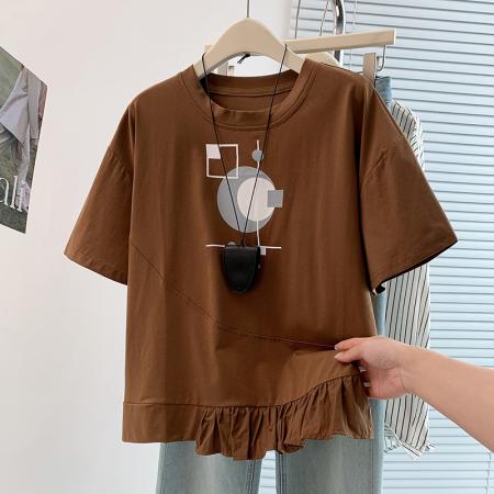 BY18493# 夏新款韩版设计感不规则荷叶边宽松休闲减龄百搭显瘦短袖T恤 服裝批發女裝批發服飾貨源