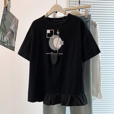 BY18493# 夏新款韩版设计感不规则荷叶边宽松休闲减龄百搭显瘦短袖T恤 服裝批發女裝批發服飾貨源