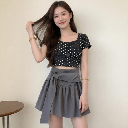 BY18494# 夏季新款甜美风高腰显瘦遮胯中裙大码设计感腰带波点A字半身裙女 服裝批發女裝批發服飾貨源