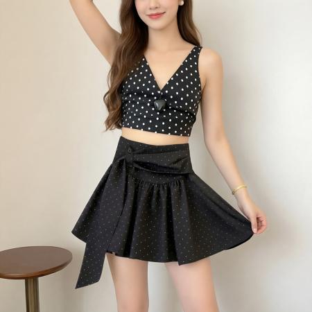BY18494# 夏季新款甜美风高腰显瘦遮胯中裙大码设计感腰带波点A字半身裙女 服裝批發女裝批發服飾貨源