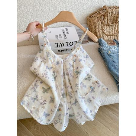 BY18497# ～夏季度假风甜美蝴蝶印花串珠吊带背心女夏季温柔宽松上衣 服裝批發女裝批發服飾貨源