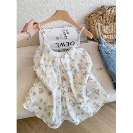 BY18497# ～夏季度假风甜美蝴蝶印花串珠吊带背心女夏季温柔宽松上衣 服裝批發女裝批發服飾貨源