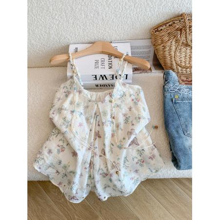 BY18497# ～夏季度假风甜美蝴蝶印花串珠吊带背心女夏季温柔宽松上衣 服裝批發女裝批發服飾貨源