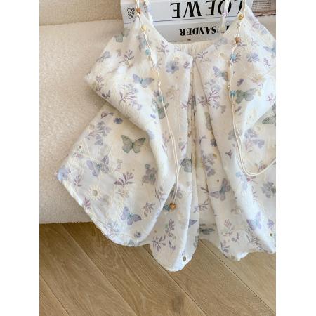 BY18497# ～夏季度假风甜美蝴蝶印花串珠吊带背心女夏季温柔宽松上衣 服裝批發女裝批發服飾貨源