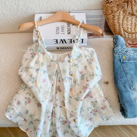 BY18497# ～夏季度假风甜美蝴蝶印花串珠吊带背心女夏季温柔宽松上衣 服裝批發女裝批發服飾貨源