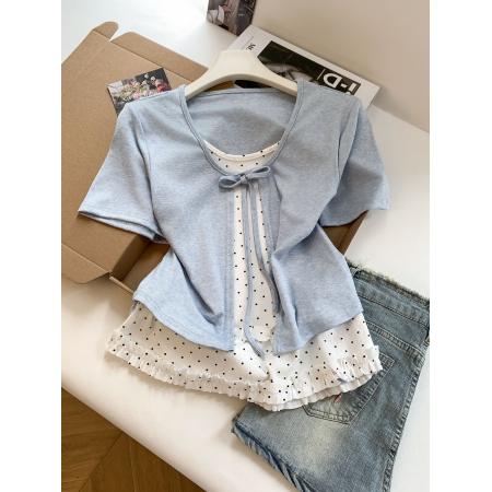 BY18498# 夏季撞色波点系带假两件短袖T恤女夏季新款甜美风小众上衣 服裝批發女裝批發服飾貨源
